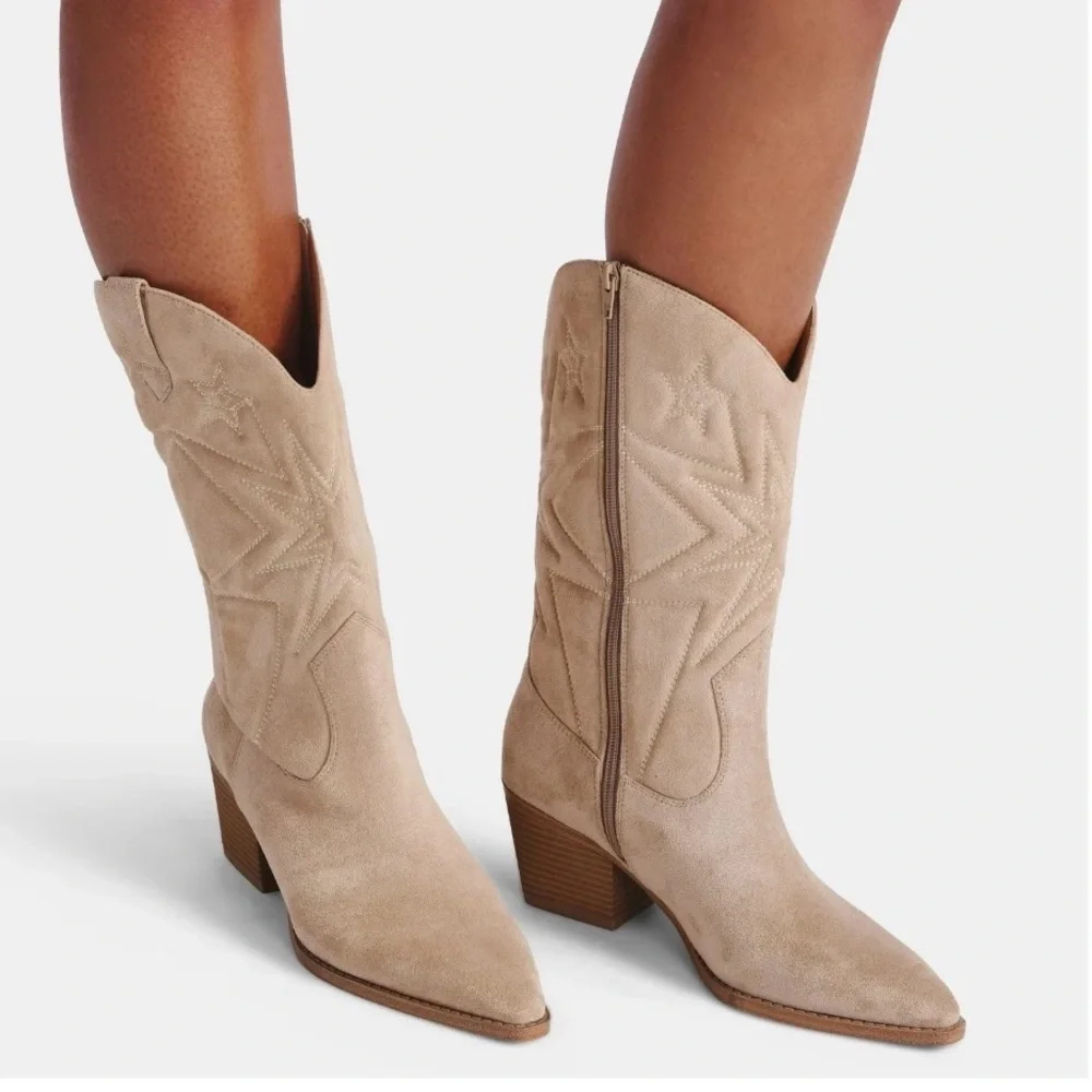 Time and Tru Embroidered Cowboy Boots Sand Faux Suede Wide Sz 8 - Picture 5 of 13